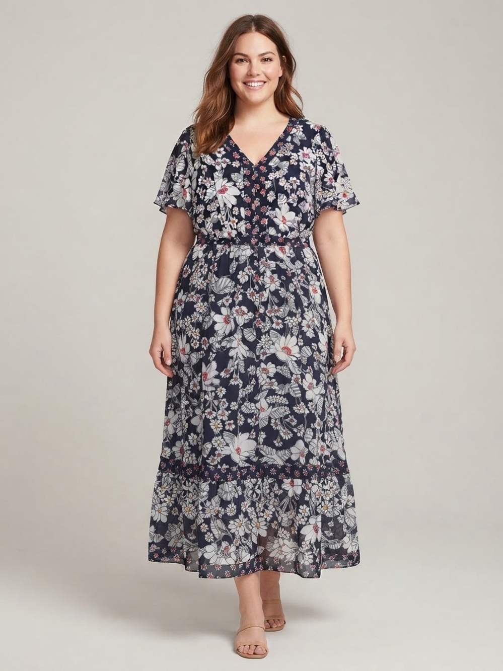 Lane Bryant Navy Floral Chiffon Maxi Dress in Petite Size 16P. Excellent pre-own